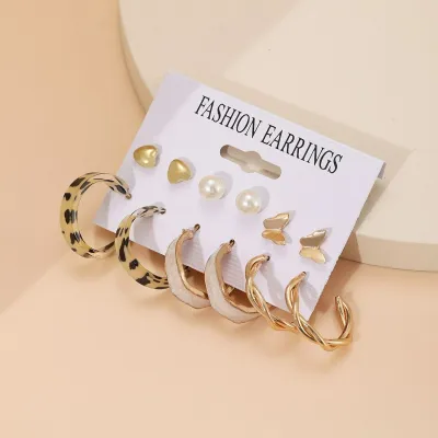 Geometric Heart Shaped Leopard Print Earrings ( 6 Pairs )